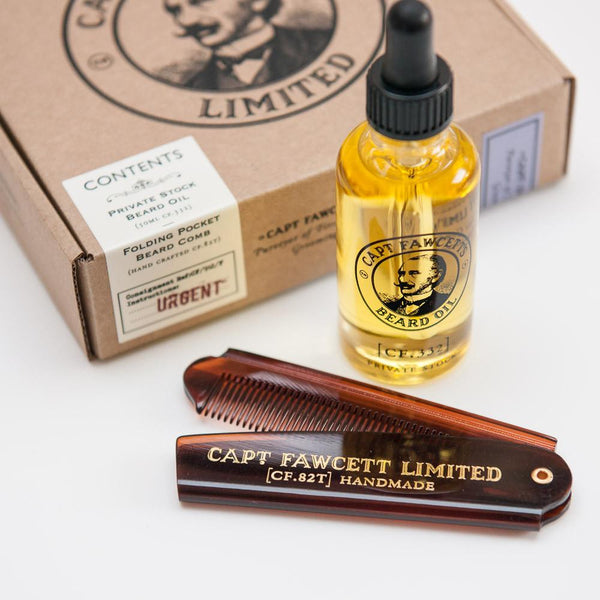 Captain Fawcett Gjafasett - Private Stock Beard Oil & Folding Comb